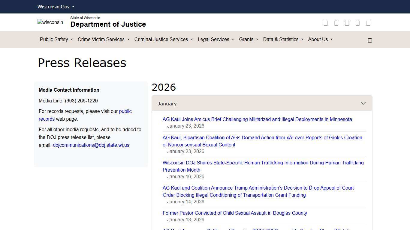 Wisconsin Department of Justice Press Releases